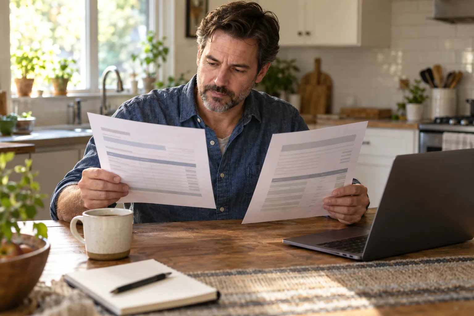 Homeowner reviewing a written heating and cooling estimate at the kitchen table